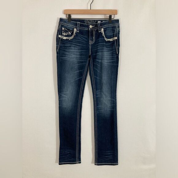 Miss Me Jeans Women’s 28 Blue Denim Signature Straight Rhinestone Embroidered - Picture 3 of 14